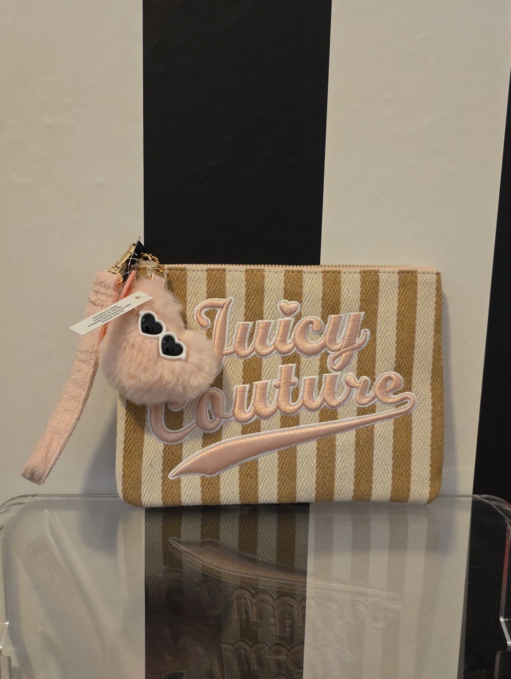 Juicy Couture Pink & Tan Striped Zip Wristlet with Fur Charm
